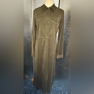 Vixen Brand Vintage Button Down Olive Green Faux Suede Long Sleeve Dress w Tags